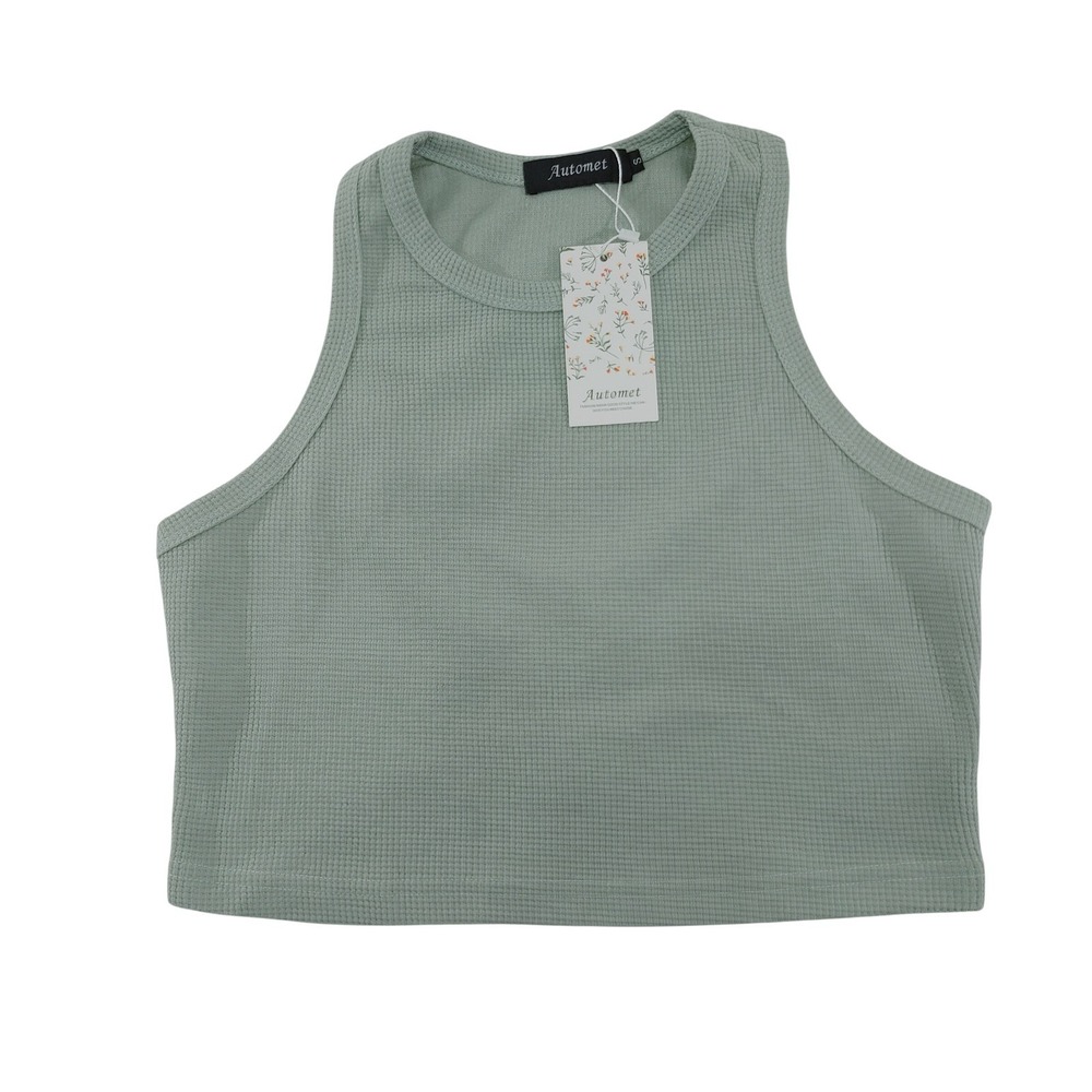 Automet Sage Green Waffle Knit Tank Top Cropped Sleeveless Casual Basic Top
